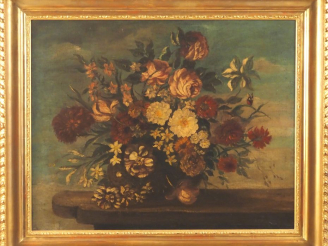 Vente aux enchères Ecole française XIXème. "bouquet de fleurs sur un entablement" Huile s
