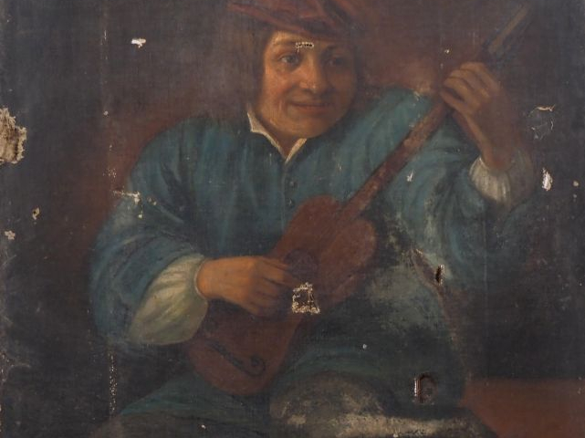 Ecole du Nord début XIXème. "musicien"  Huile sur toile (mauvais état)