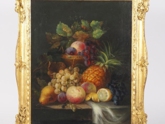 Vente aux enchères John WAINRIGHT.  "Nature morte à la corbeille de fruits" Huile sur toi