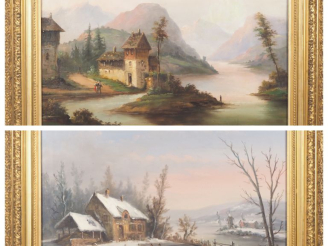 Vente aux enchères Ecole française XIXème. "paysage de montagne animé et paysage d'hiver 