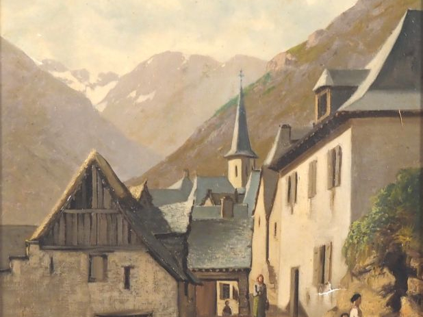 Ecole française XIXème. "Village de montagne" Huile sur toile Dim. 40,
