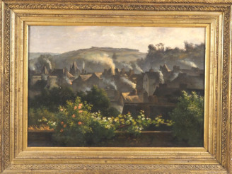Vente aux enchères Ecole française XIXème. "le village vu d'un balcon fleuri" Huile sur t