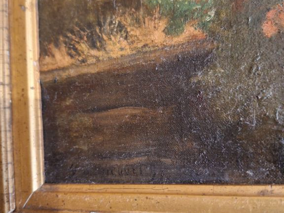 Ecole française XIXème. "le village vu d'un balcon fleuri" Huile sur t