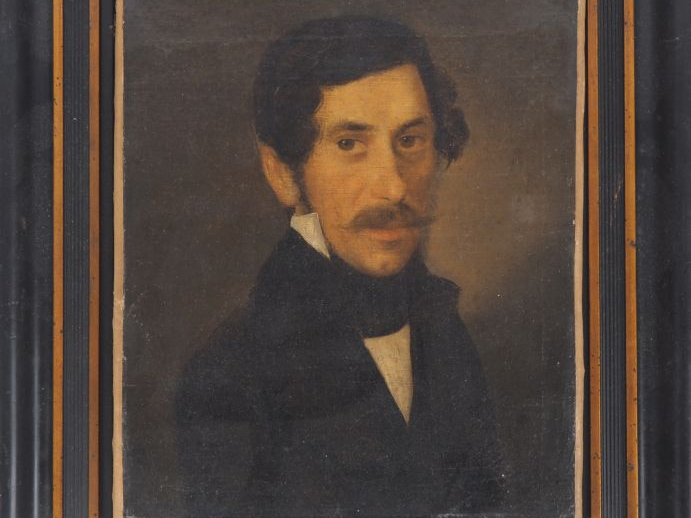 Ecole Française XIXème.  "portrait d'homme moustachu au jabot" Huile s