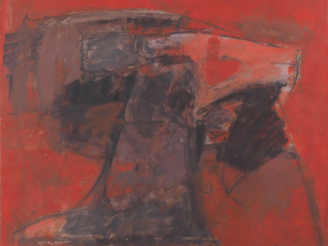 Vente aux enchères BITRAN.  "Composition rouge" Huile sur papier marouflée, signée en bas
