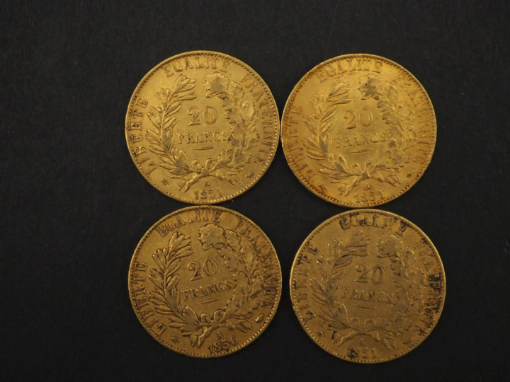 Quatre pièces de 20 Francs or, 1850-A et 1851-A (x3). FRAIS ACHETEURS 