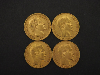 Vente aux enchères Quatre pièces de 20 Francs or, 1859-A, 1860-HB, 1860-A et 1863-A.  FRA