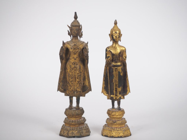 Rattanakosin, fin XIXe siècle,  Deux statuettes en bronze doré représe