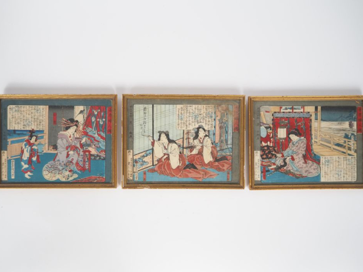 Japon, Kunichika (1835-1900)  Trois estampes de format chuban yoko-e d