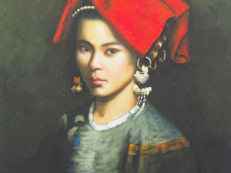 Vente aux enchères Chine XXème, dans le style Zhang li.  "jeune femme parée d'une tenue t