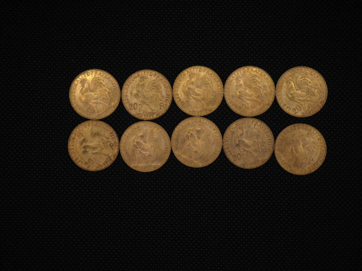 10 pièces de 20 Francs or : 1910, 1909, 1913, 1910, 1913, 1910, 1910, 