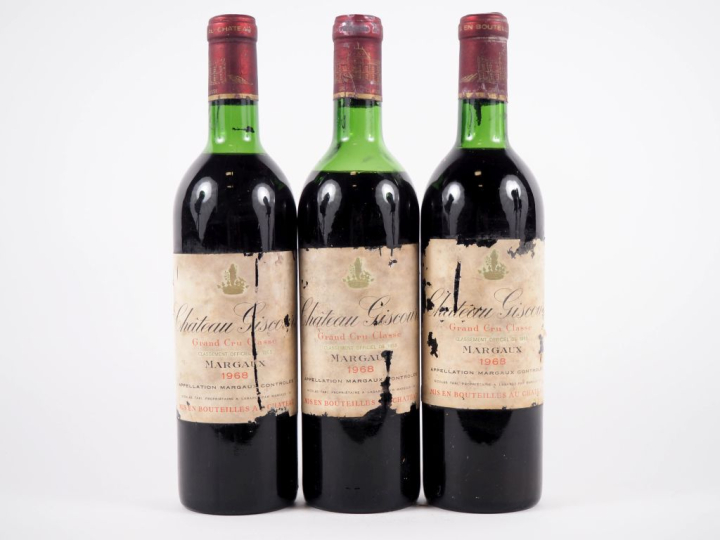 3 BOUTEILLES CHÂTEAU GISCOURS GCC MARGAUX - 1968 -1 BG/1 LB/1 MEP/ETA