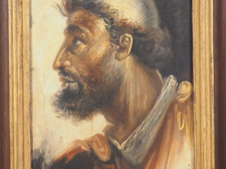 Vente aux enchères BERLINGIERI.  "portrait d'apôtre" Huile sur carton, signée en bas à dr