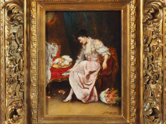 Vente aux enchères J. BOLZONI.  "Elégante se chaussant" Huile sur panneau, signée en bas 