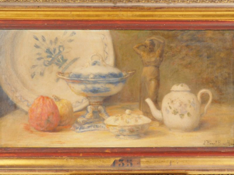Vente aux enchères Julia BROUILHONY-BÉNET. "Table dressée". Huile sur toile, signée en ba
