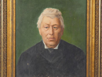 Vente aux enchères BRUNET. "Portrait d'homme sur fond vert". Huile sur toile, signée en b