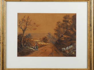Vente aux enchères WORTHINGTON "campagne de bord de mer animée" Aquarelle, signée en bas 