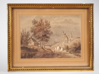 Vente aux enchères Ecole française XIXème. "Paysages animés". Paire d'aquarelles réhaussé