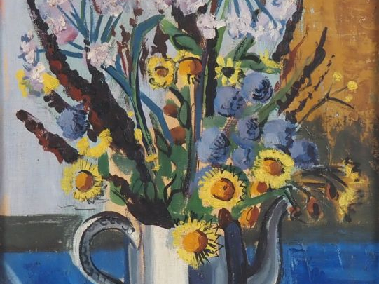 Renée ASPE.  "bouquet de fleurs sur une table bleue" Huile sur toile, 
