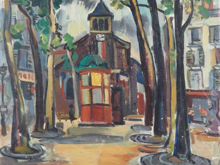 Renée ASPE.  "le kiosque sur la place du village" Huile sur carton, si