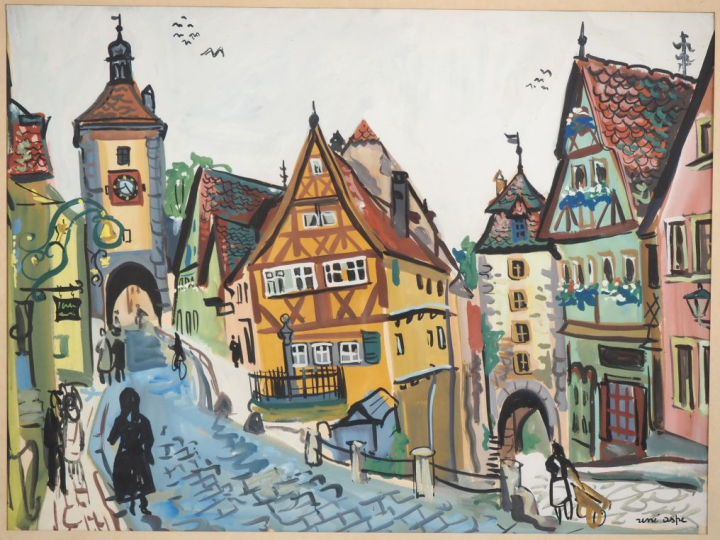 Renée ASPE. "Vue du village de Rothenburg, Allemagne". Gouache sur pap