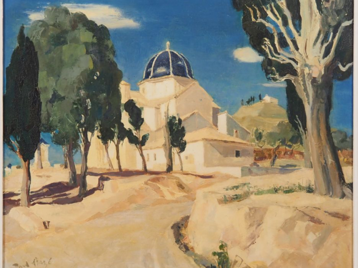 Paul BAZE.  "Chapelle à Javea"  Huile sur panneau, signée en bas à gau