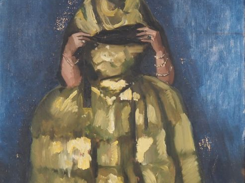K.E BIORN. "Jeune ménine"  Huile sur toile, non signée.   (Petits acci