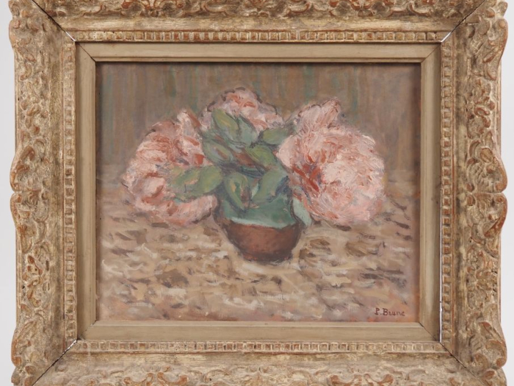 Pierre BRUNE. "Bouquet de pivoines". Huile sur toile, signée en bas à 