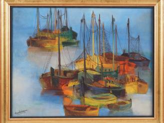Vente aux enchères Jean CAMBEROQUE. "Les barques de pêche". Huile sur toile, signée en ba
