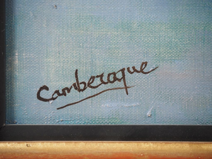 Jean CAMBEROQUE. "Les barques de pêche". Huile sur toile, signée en ba