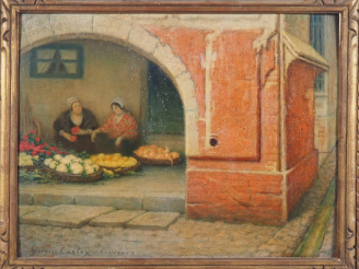 Vente aux enchères Georges CASTEX. "Marché aux fleurs à Collioure". Huile sur carton, sig