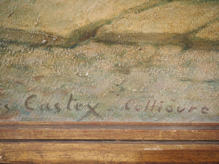 Georges CASTEX. "Marché aux fleurs à Collioure". Huile sur carton, sig