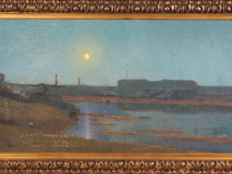 Vente aux enchères Paul COSTES. "Crépuscule en bord de mer". Grande huile sur toile, sign