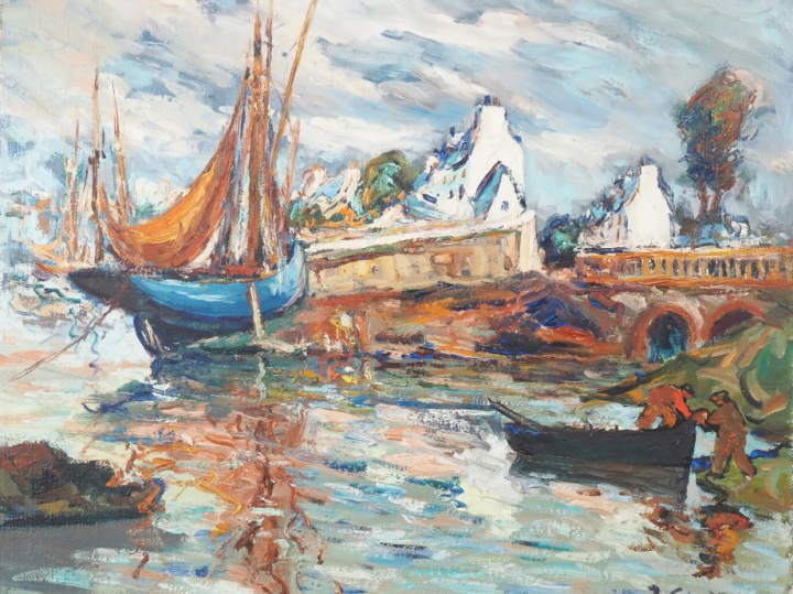 J. CROZES.  "pêcheur au bord du rivage" Huile sur toile, signée en bas