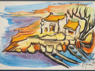 Vente aux enchères Isabelle DURET-DUJARRIC. "la maison du pêcheur" Aquarelle, signée en b