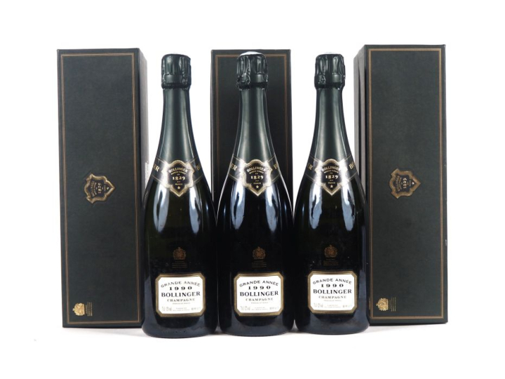 3 BOUTEILLES CHAMPAGNE BOLLINGER GRANDE ANNÉE - 1990 - COFFRETS 