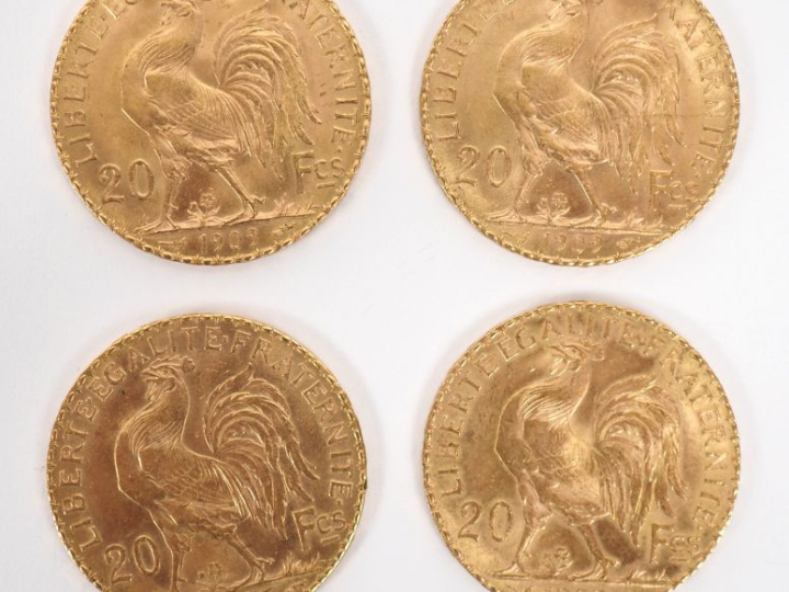 Quatre pièces de 20 Francs or (3 de 1909, 1 de 1907) FRAIS ACHETEURS :
