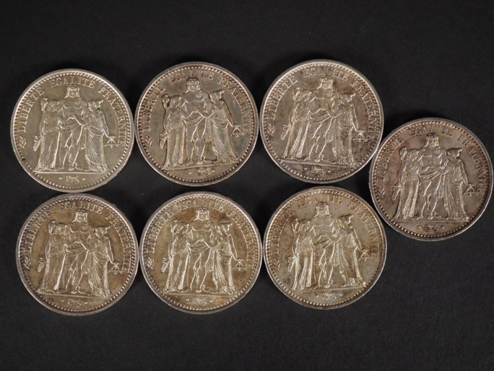 Ensemble comprenant sept pièces de 20 Francs argent, 1965 (x2), 1967 (