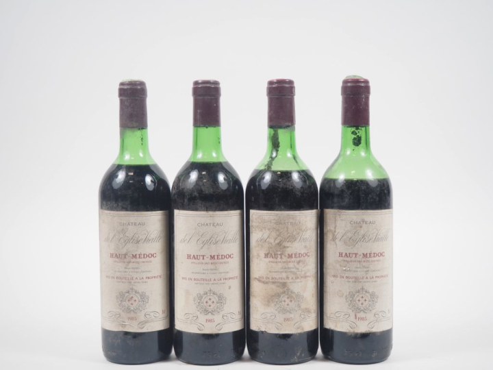 4 BOUTEILLES CHÂTEAU DE L'ÉGLISE VIEILLE HAUT MÉDOC - 1985 - BG à BEP/