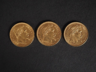 Vente aux enchères Trois pièces de 20 Francs or, 1863-A, 1866-A et 1868-A. FRAIS ACHETEUR