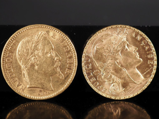 Vente aux enchères Deux pièces de 20 Francs or, 1865-A et 1905. FRAIS ACHETEURS 10% TTC.