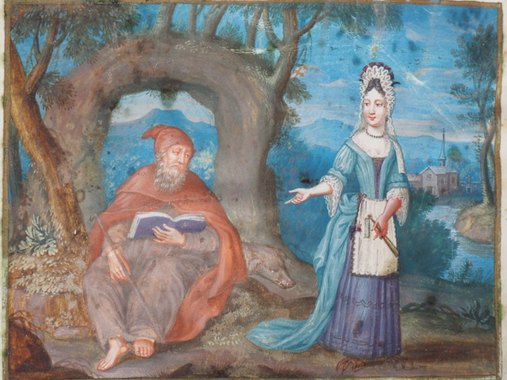 Ecole française XVIIème. "la tentation de Saint Antoine" Gouache sur v