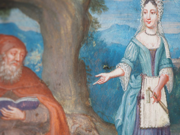 Ecole française XVIIème. "la tentation de Saint Antoine" Gouache sur v