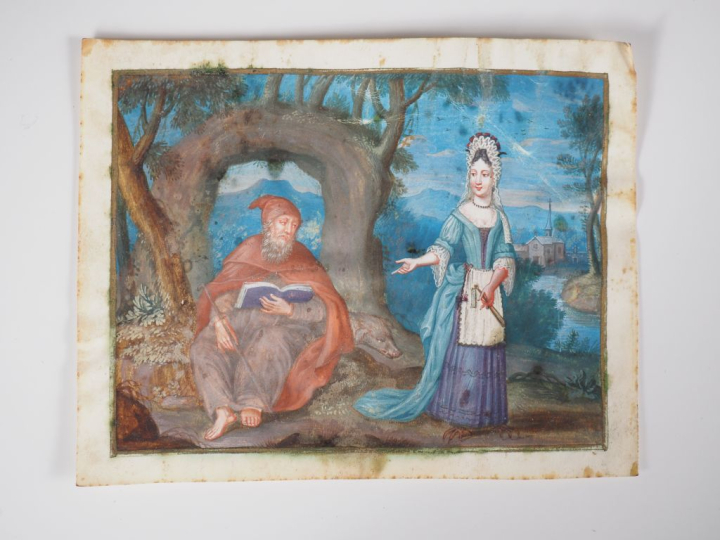 Ecole française XVIIème. "la tentation de Saint Antoine" Gouache sur v