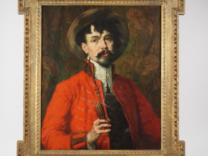 F. ROYBET. "autoportrait à la veste rouge" Huile sur toile, signée en 