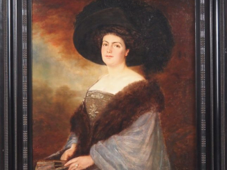 Vente aux enchères Ernest V. BISSON.  "portrait d'élégante au chapeau noir et à l'éventai