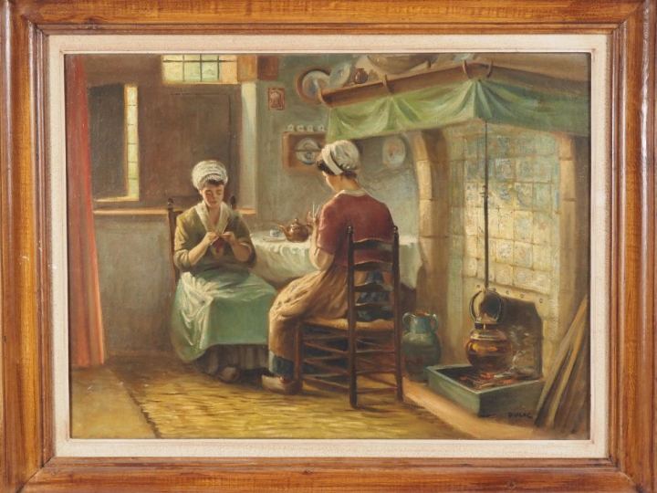 DULAC.  "jeunes filles dans la cuisine de la ferme" Huile sur toile, s