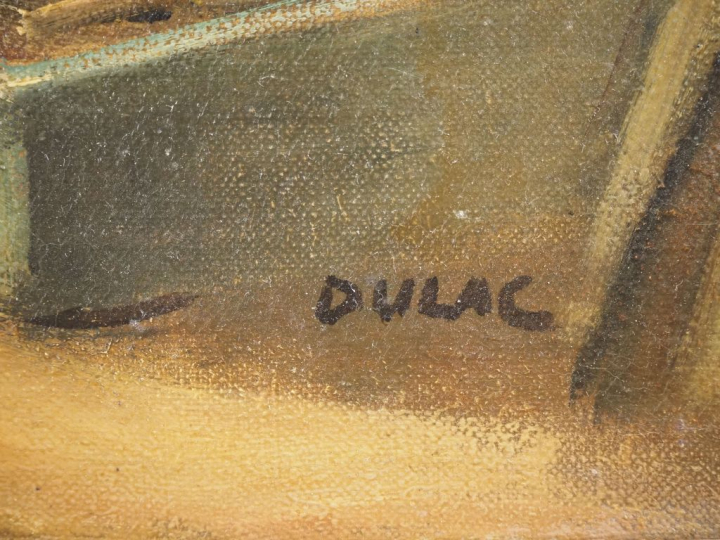DULAC.  "jeunes filles dans la cuisine de la ferme" Huile sur toile, s