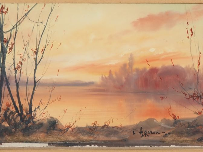 Louis Noël AGERON.  "les bords du Rhone près de Valence" Aquarelle, si