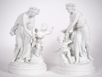 Vente aux enchères Paire de groupes en biscuit "l'amour captif de la jeunesse" et "la jeu